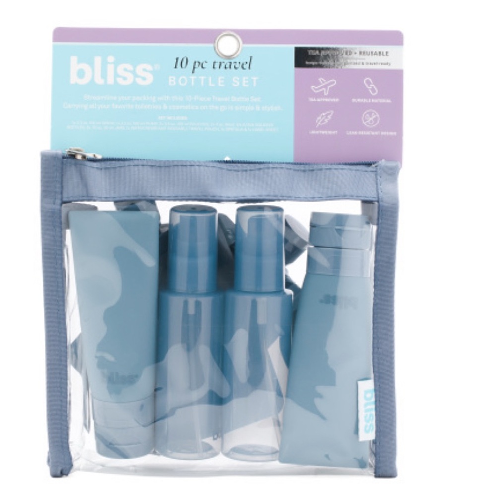 Bliss Travel Bottle Set with Blue and Clear Containers